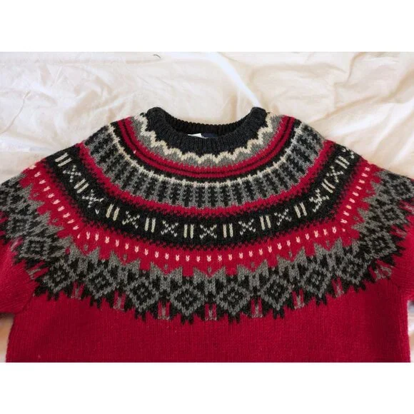 Vintage Woolrich Sweater Men's Sz XL Fair Isle Red & Gray Wool Pullover 80s, 90s